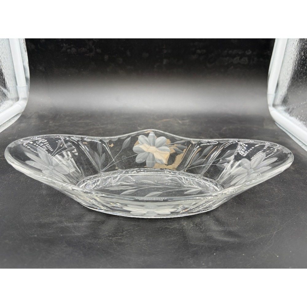 Vintage Etched Clear Glass Floral Relish Dish Scalloped Boat Shaped Serving Bowl